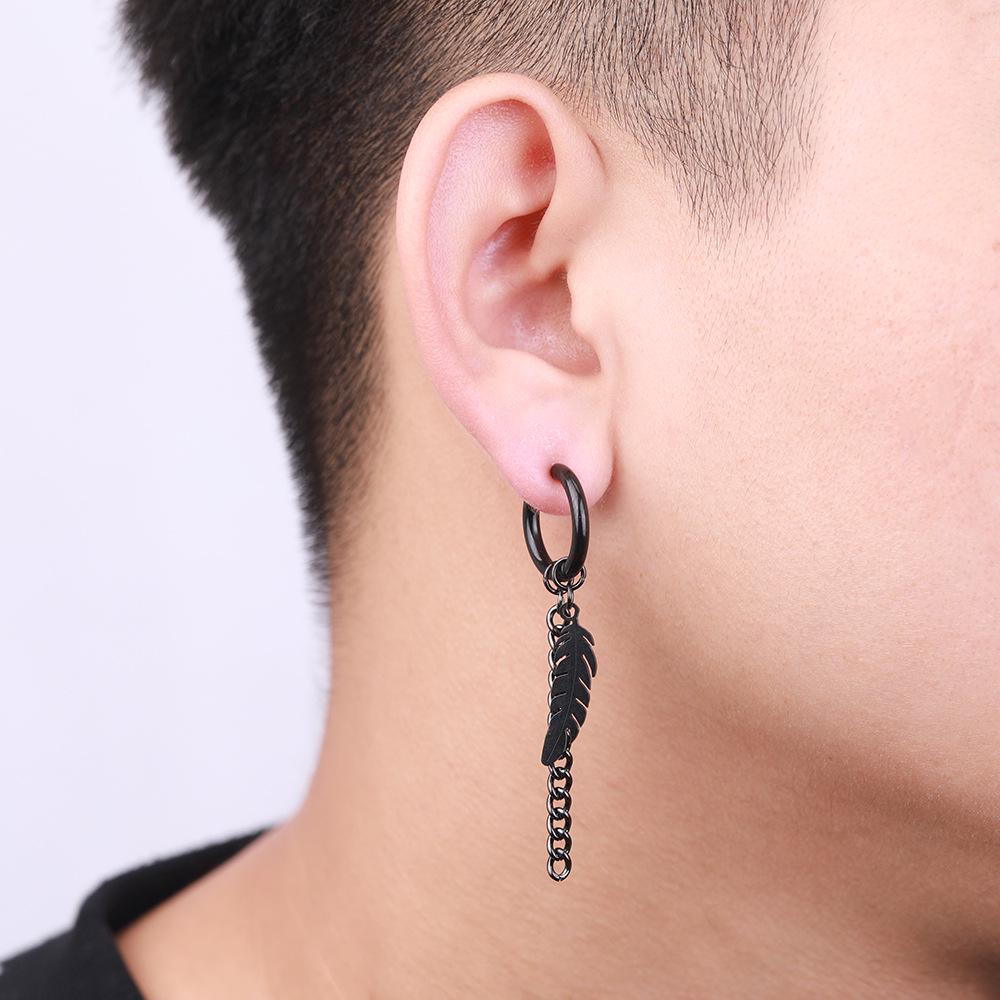 Korean Style Tassel Chain Non-Pierced Titanium Steel Leaf Feather Earrings