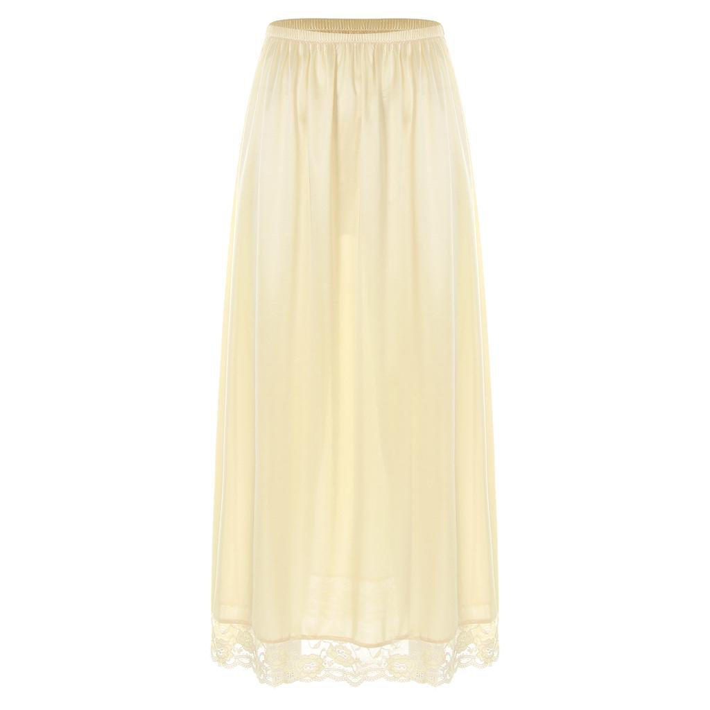 Women Stylish Clothing Elastic Waistband Lace Hem Skirt Thin Silk Satin Solid Color Inner Skirt