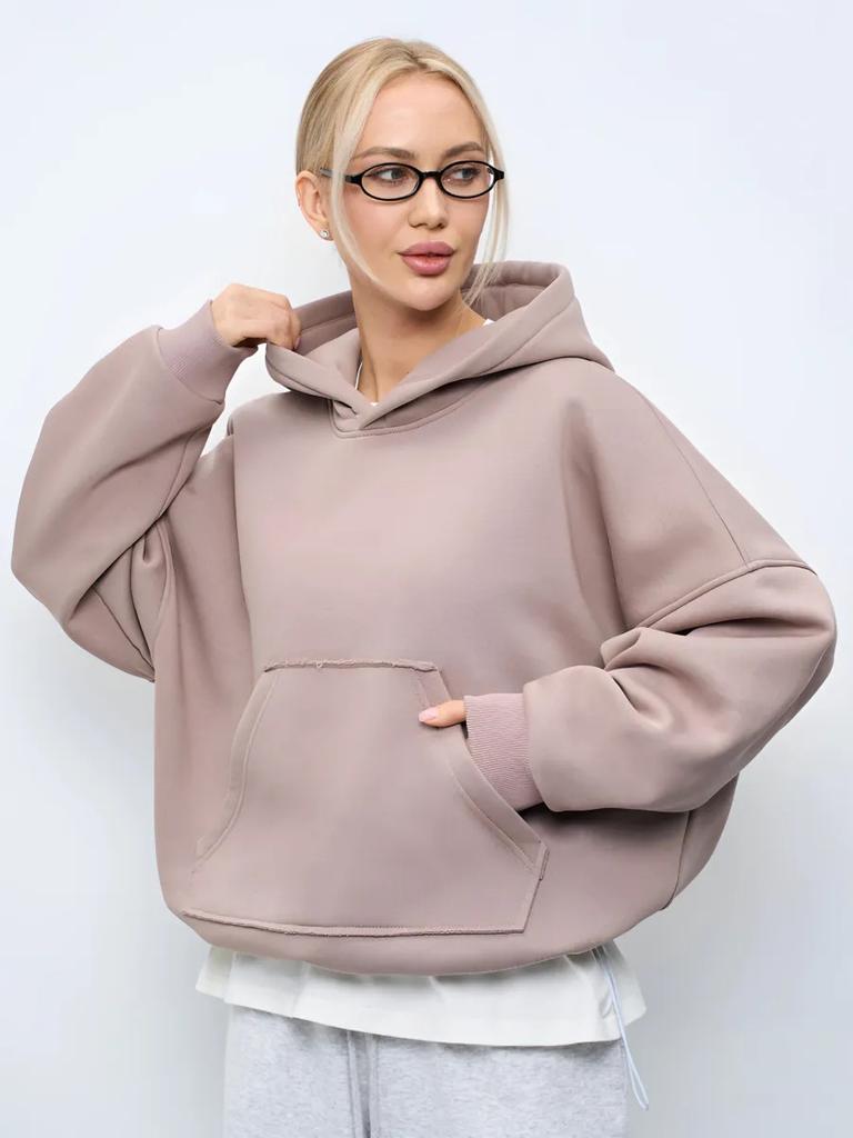 Felpa da donna casual a tinta unita con cappuccio, vestibilità aderente, manica lunga, manica corta, pullover, felpa con cappuccio e tasca