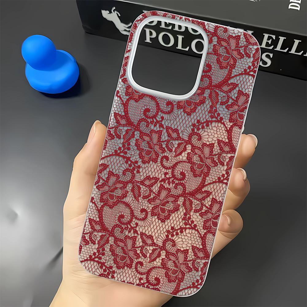 Red Lace Mesh Design Soft Phone Case For IPhone 17 16 15 14 13 12 11 Pro Max 7 8 XR XS Transparent Silicone Soft Cover Case