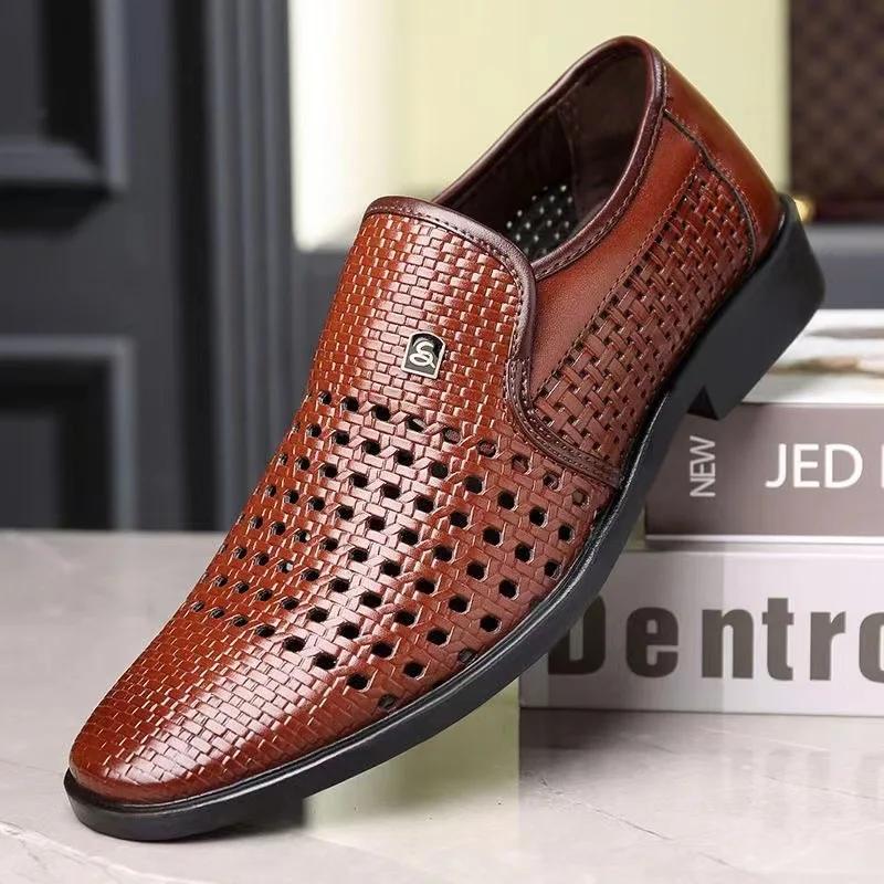 Luxury Summer New High Quality Business Casual Leather Shoes Breathable Hollow Soft Sole Anti Slip Sandalia Masculina Sneaker