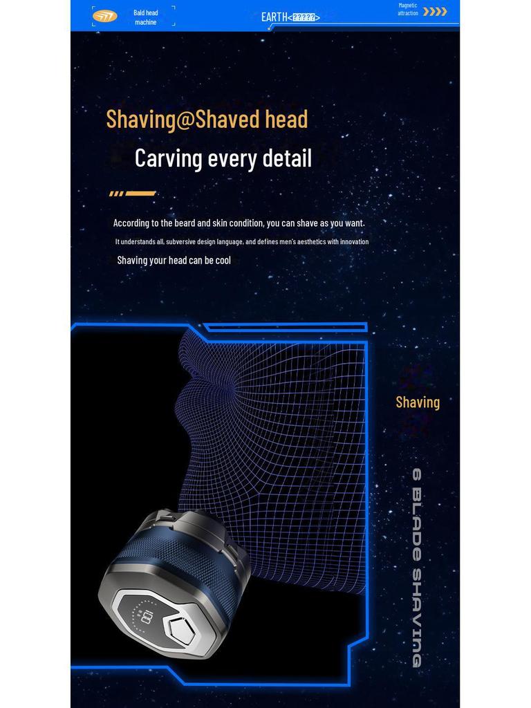 Magnetic Six-Blade Digital Balding Shaver, Fully Washable for Self-Use