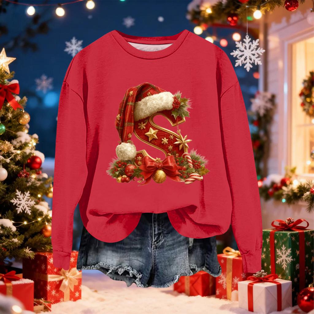Women's Fashionable Casual Long-Sleeved Christmas Letter Print Crew-Neck Sweatshirt