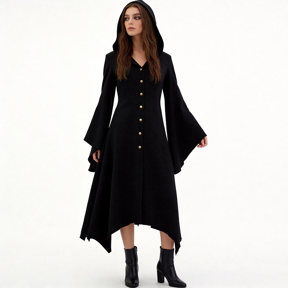 Gothic Vampire Dress for Women Halloween Cosplay Costume Vintage Hooded Renaissance Long Dress