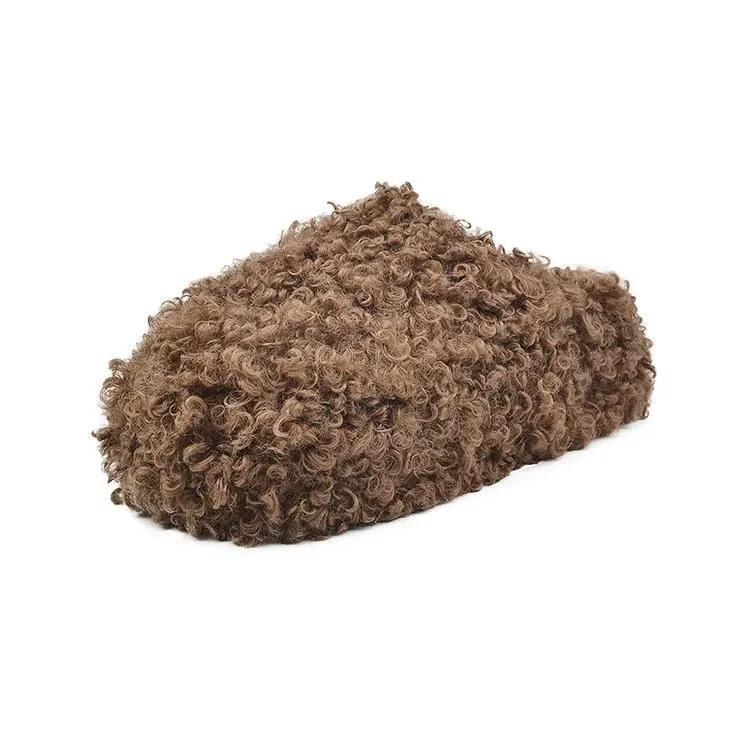 Thick Heel Luxury Lambwool Mules  Winter Shoes Woman Flip Flops Flat Cover Toe Slides Ins Warm Curly Lamb Fur Slippers Women