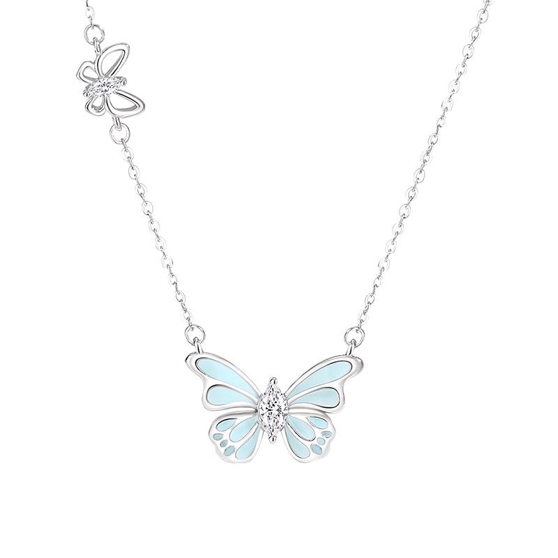 Tichia S925 Sterling Silver Luminous Enamel Butterfly Necklace for Women - Original Design Clavicle Chain