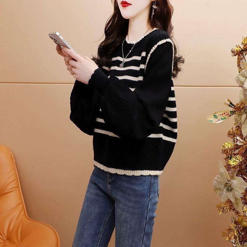 Women's Spliced Striped Knit Sweater with Chiffon Sleeves - Stylish, Loose Fit for Spring and Autumn