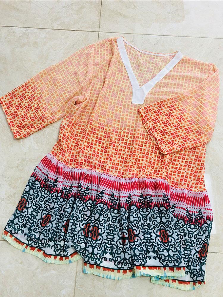 EDOLYNSA Costum de baie casual cu imprimeu pentru vara 2024, îmbrăcăminte de baie, rochie tunică de plajă, sexy, cu gât în V, șifon cu mâneci lungi, haine pentru femei, rochii midi Q430