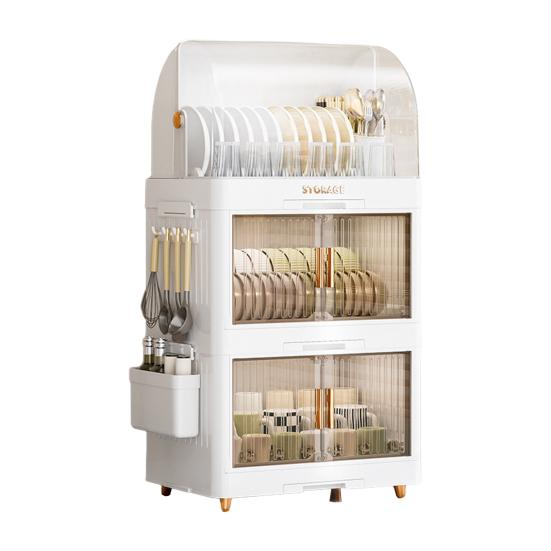 Stackable Tableware Storage Box Multi-Tier Dinnerware Organizer with Clear Lid Doors Hooks Dishes Plates Cups Storage Bins with Drainage Tray