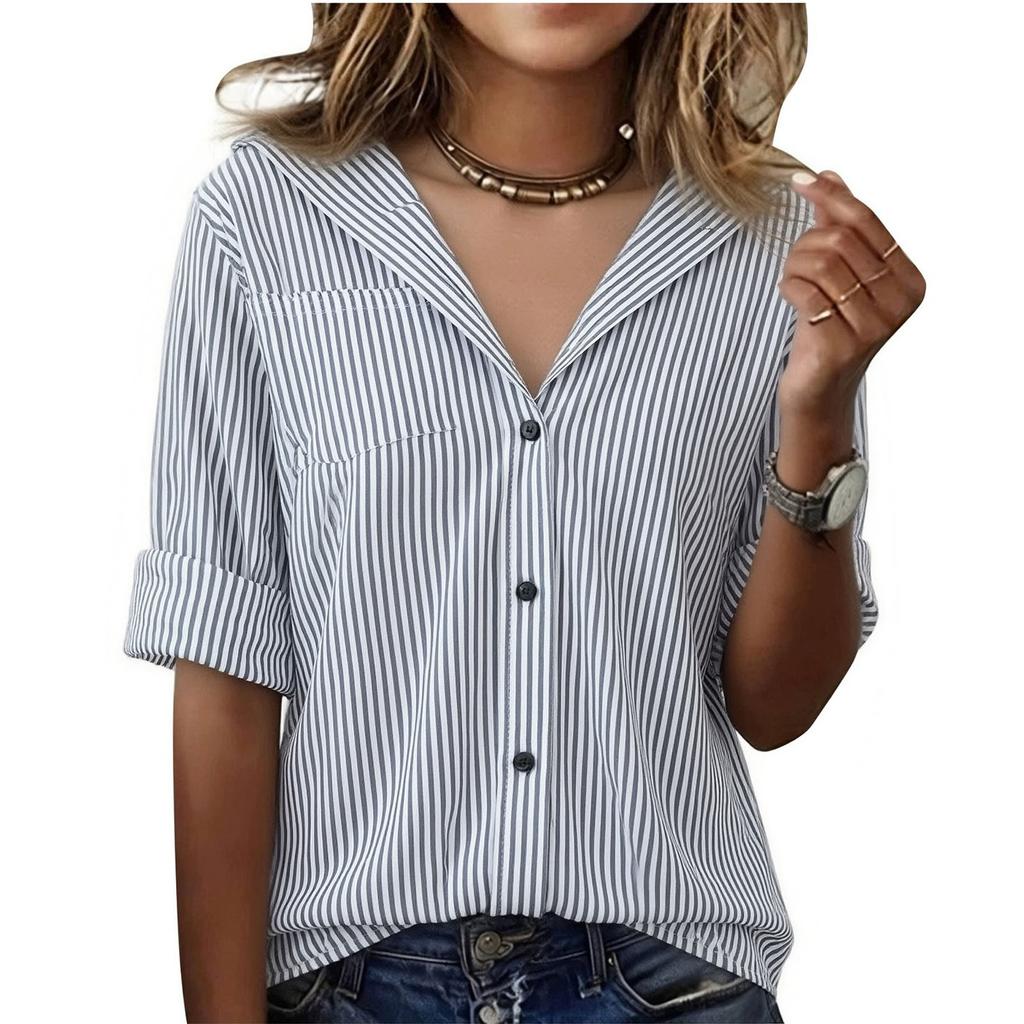 Women's Striped Button Down Shirt Long Sleeve Collared Casual Slim Fit Lightweight Summer Blouse for Everyday Wear