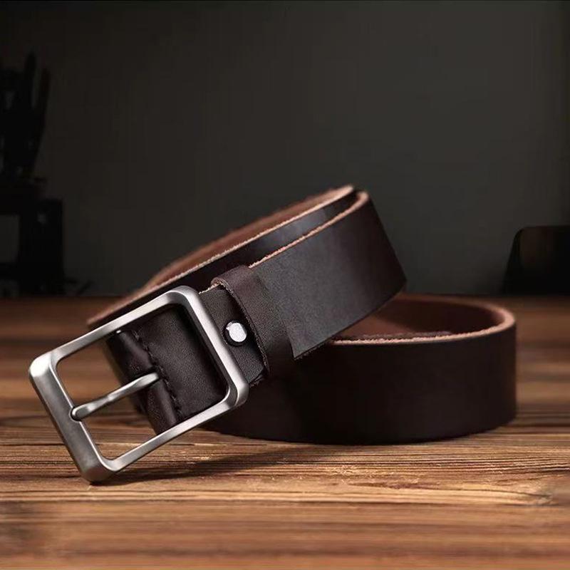 Men's Genuine Cowhide Leather Belt, Pin Buckle, Versatile and Retro Style for Casual Jeans