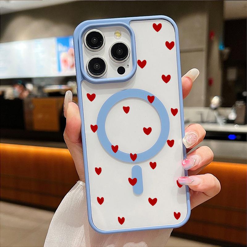 

Red Love Heart Magnetic Clear Phone Case For iPhone 17 16 15 14 13 12 11 Pro Max XS X XR 17 Air 16E Wireless Charge Hard Cover iPhone 12 mini