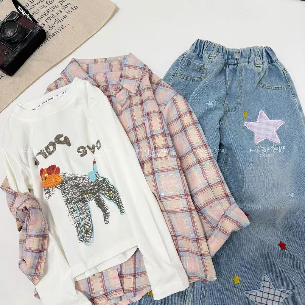 Girls' Plaid Shirt & Star Jeans Set - Stylish Korean Spring/Autumn Wear 2026