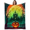 1pc Spooky Gothic Haunted House Flannel Blanket - Soft & Warm 280gsm All-Season Throw with Jack-O'-Lanterns, Bats, Full Moon & Gothic Mansion Design I