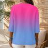 Women Casual Gradient Print V Neck Button Three Quarter Sleeve T Shirt Linen Cotton Blended Top for Daily Wear