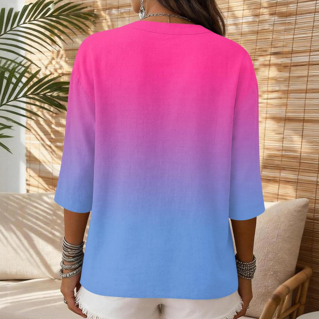 Women Casual Gradient Print V Neck Button Three Quarter Sleeve T Shirt Linen Cotton Blended Top for Daily Wear