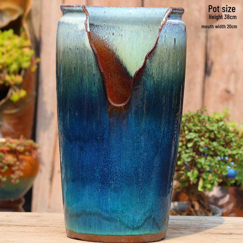 Large Handmade Coarse Pottery Succulent Flower Pot with Shallow Cut Opening