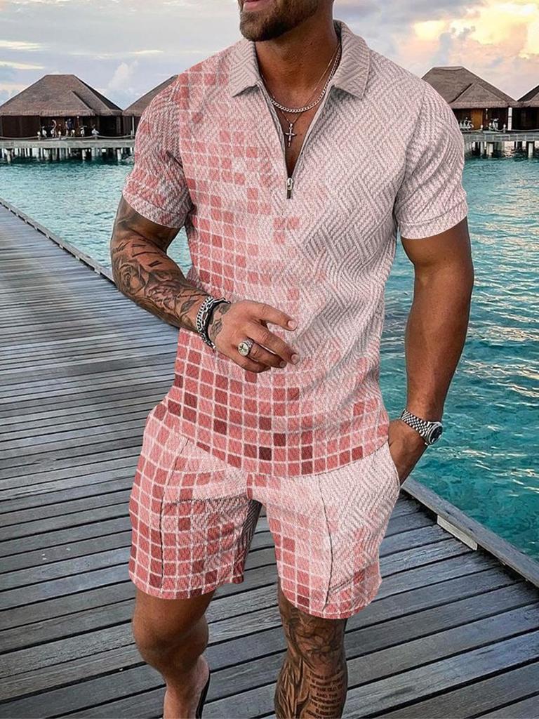 Herren Print Polohemd Set – Kragen Kurzarm Lässiger Pullover T-Shirt
