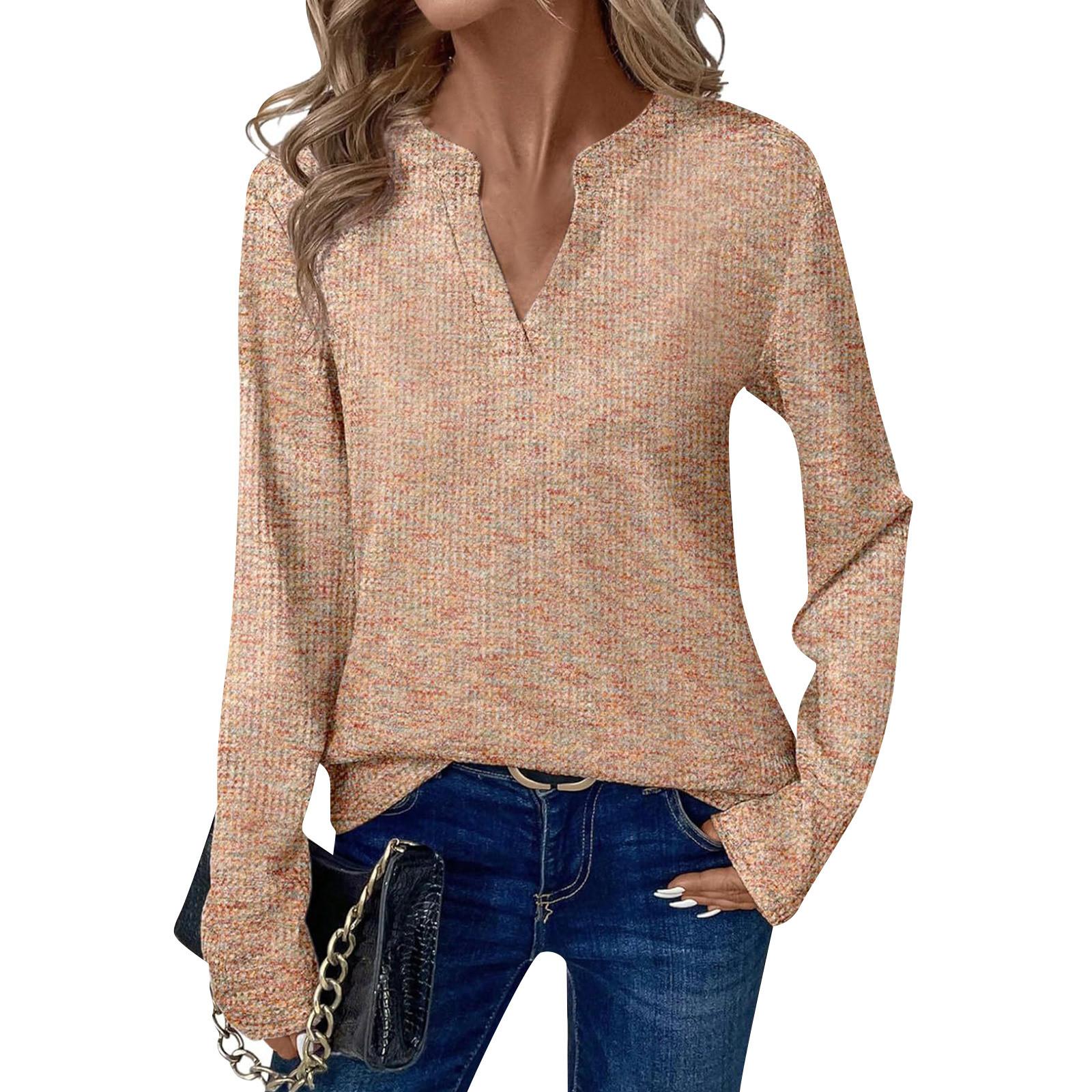 

Женские рубашки с длинным рукавом Трикотажные топы V-образный вырез Повседневные базовые топы Пуловеры S золотой