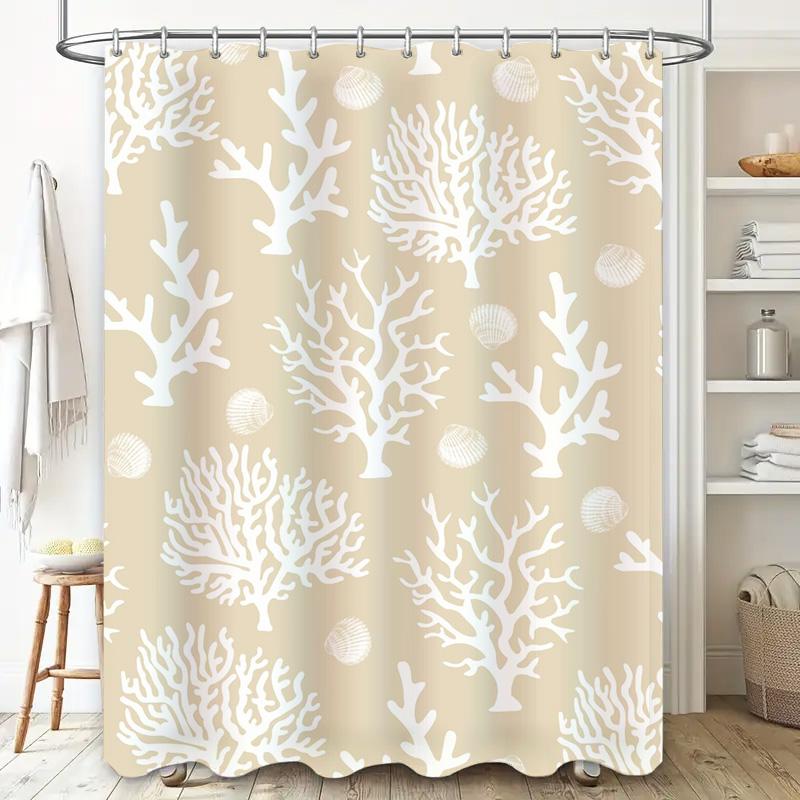 Corals Printed Shower Curtain White Coral Reef Pattern Bathroom Decoration Waterproof Fabric Shower Panel Liner Beige Color (180
