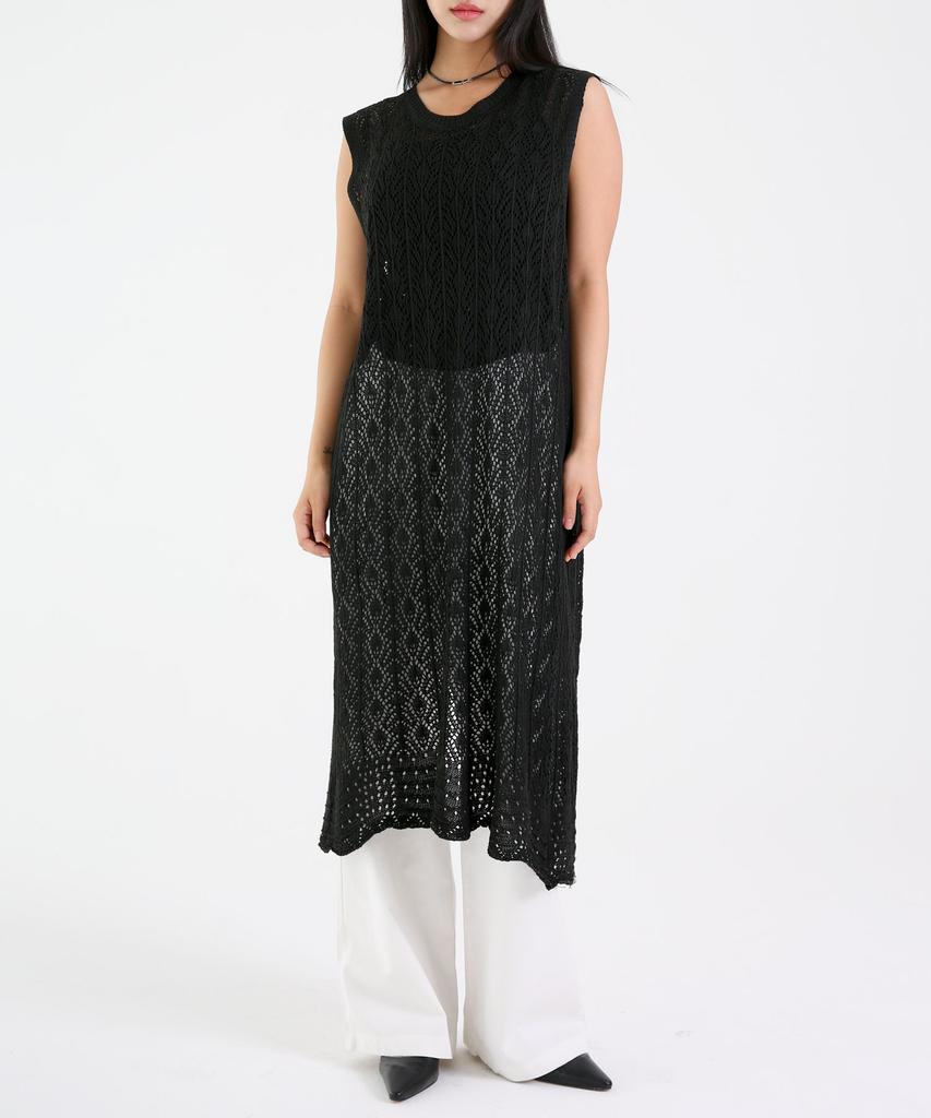 Eum Punching Long Knit Vest Dress Black
