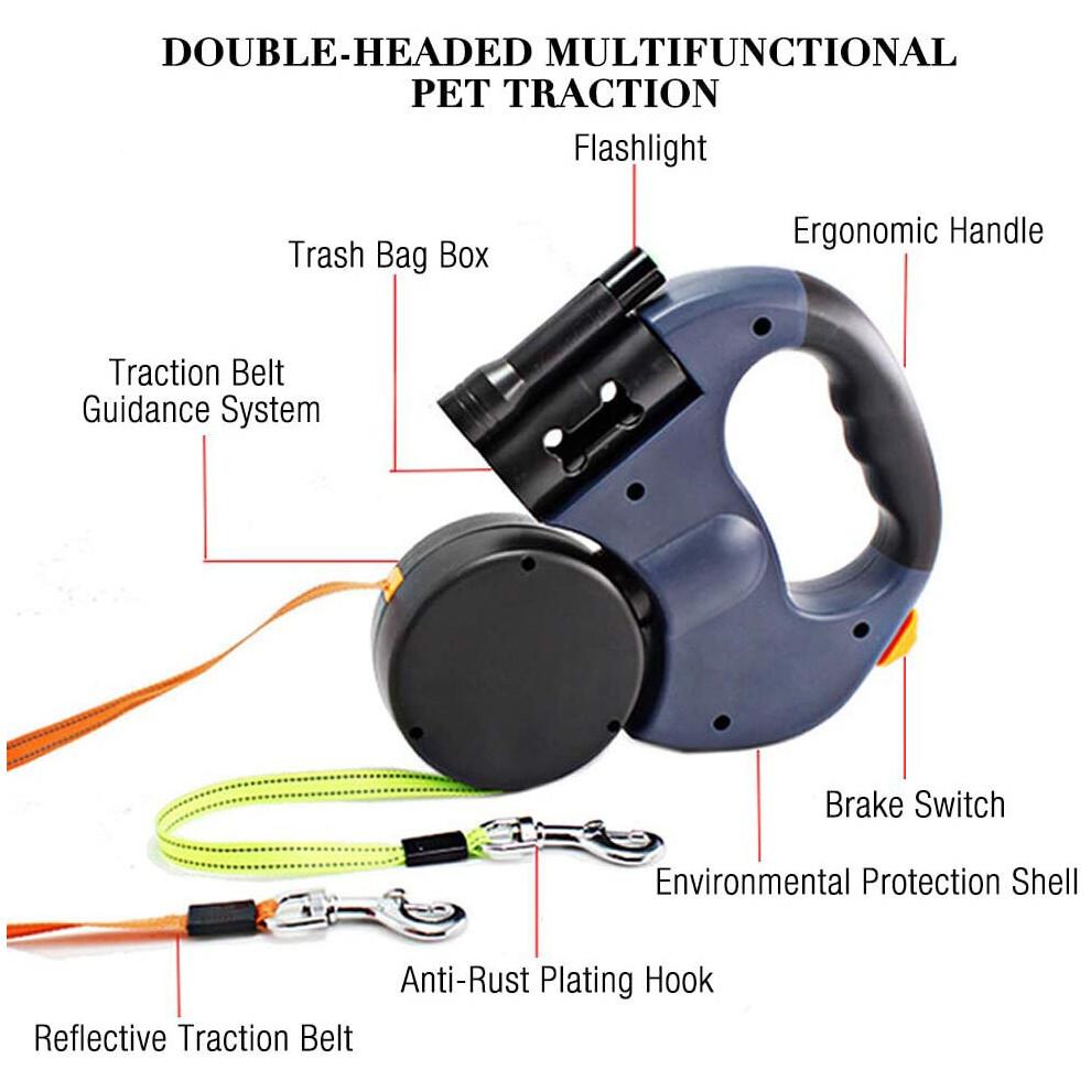 Double Retractable Dog Lead 360°No Tangle Retractable Pet Leash W/ LED