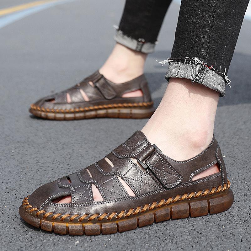 

Літні босоніжки високого класу Шкіра Baotou, дихаюча підошва з яловичого сухожилля, м’яка підошва, повсякденне нековзке пляжне взуття 47 сірий колір