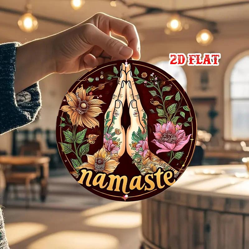 D Flat Pc Vintage Round Aluminum Metal Wall Sign Floral Namaste Blessings Design with Rustic Hands Cm Thin