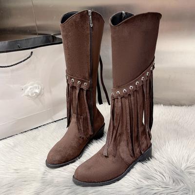 Bottes hautes à franges pour femmes Chaussures Chelsea à talons moyens Hiver 2025 Tout neuf Gladiateur Goth Chaussures décontractées Escarpins de mode Botas Mujer