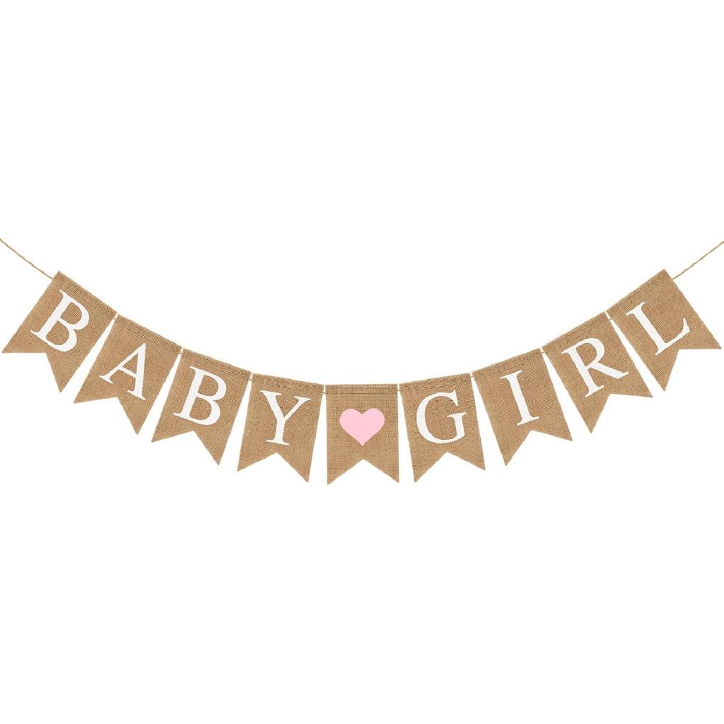 Pre-Strung Baby Girl Burlap Banner, Gender Reveal Banner for Baby Shower Party Decorations (Light Pink Heart)