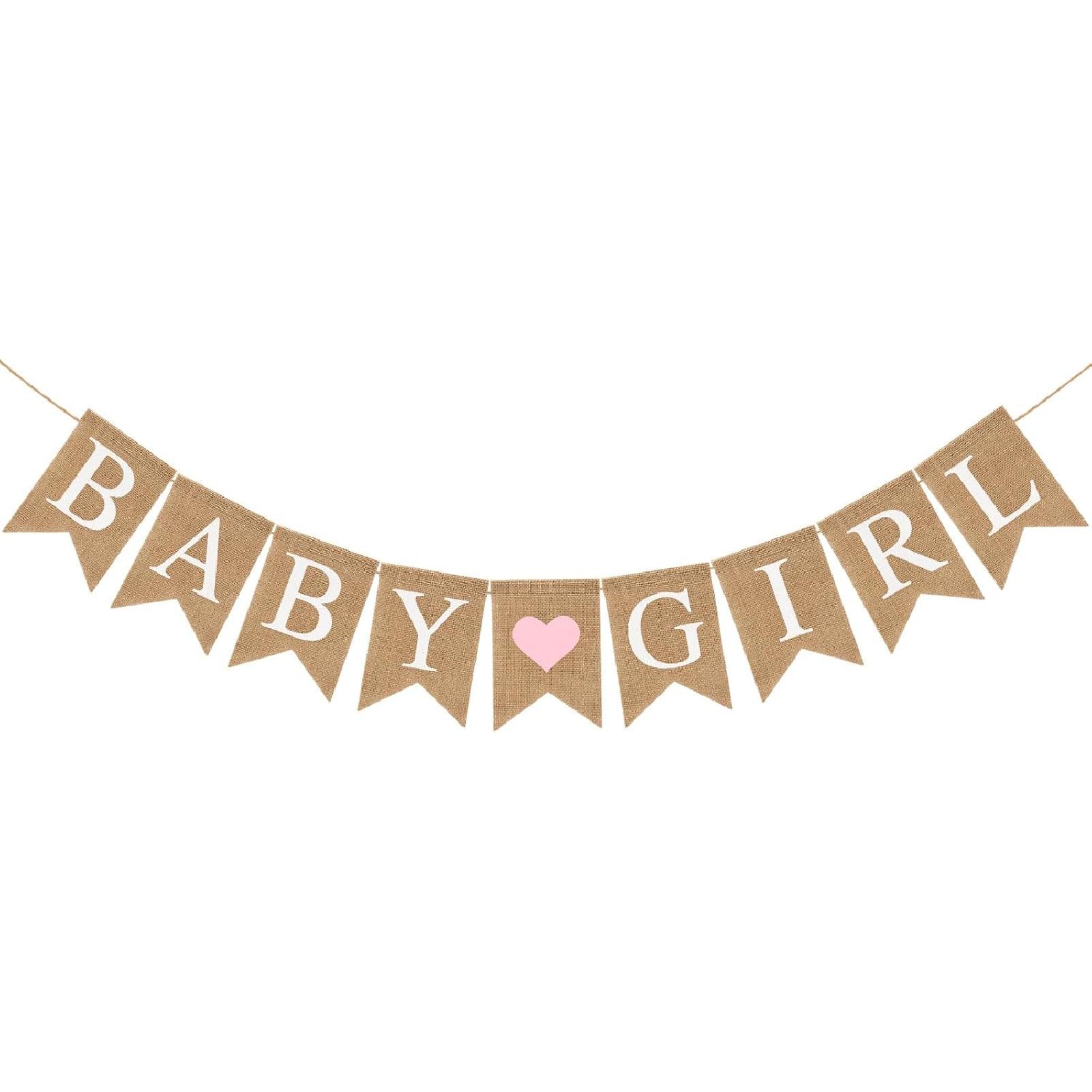 Pre-Strung Baby Girl Burlap Banner, Gender Reveal Banner for Baby Shower Party Decorations (Light Pink Heart) Brown-pink heart