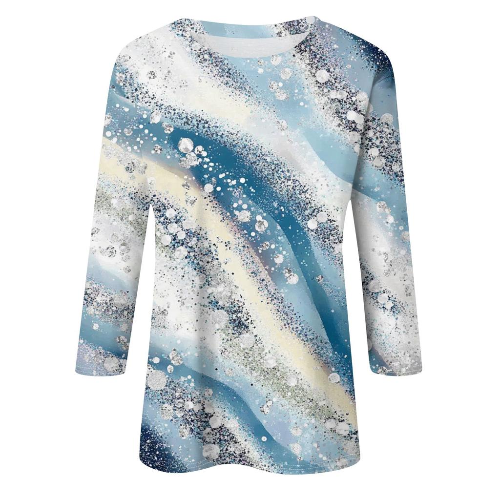 Damenmode, lässig, Rundhalsausschnitt, 3/4-Ärmel, lockeres bedrucktes T-Shirt, Damen-Top