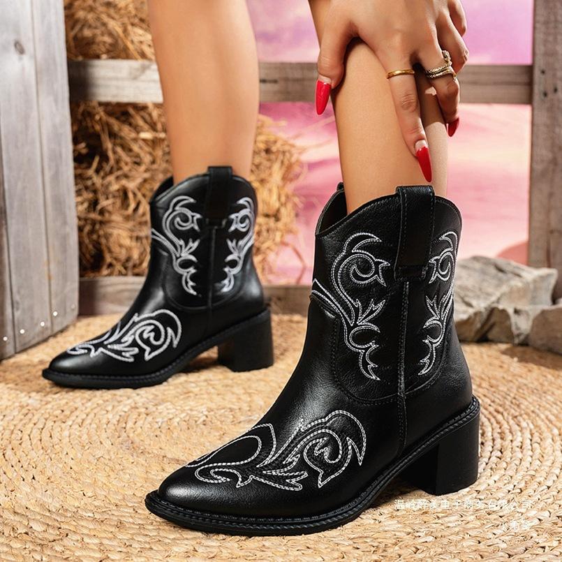 Foreign Trade New Thick Heel Thin Cigarette Boots European and American Style Large Size Leather Boots Pointed Head Embroidery V Port Short Tube Knigh