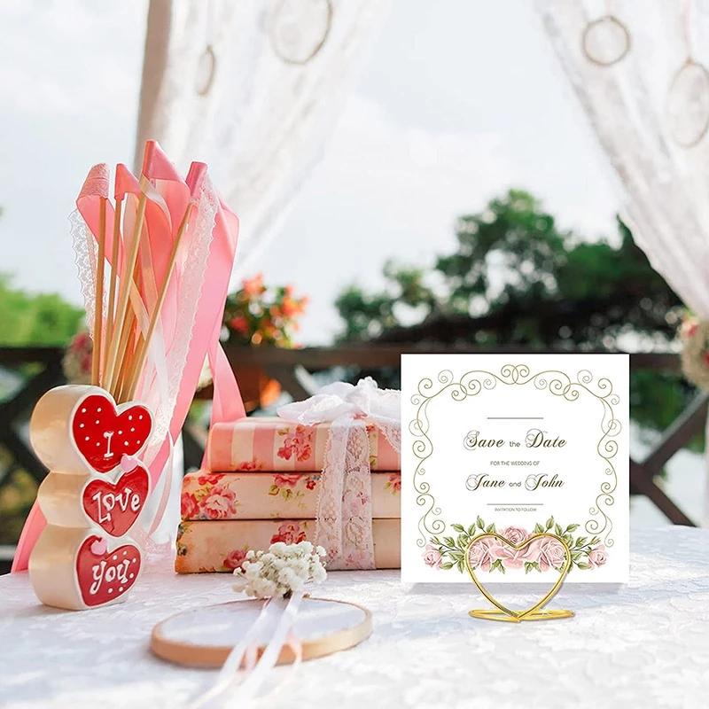 30Pcs Double Heart Shape Metal Memo Holder Triangle Table Placecard Holder Photo Clip Card Stand Wedding Banquet Heart Message Holder
