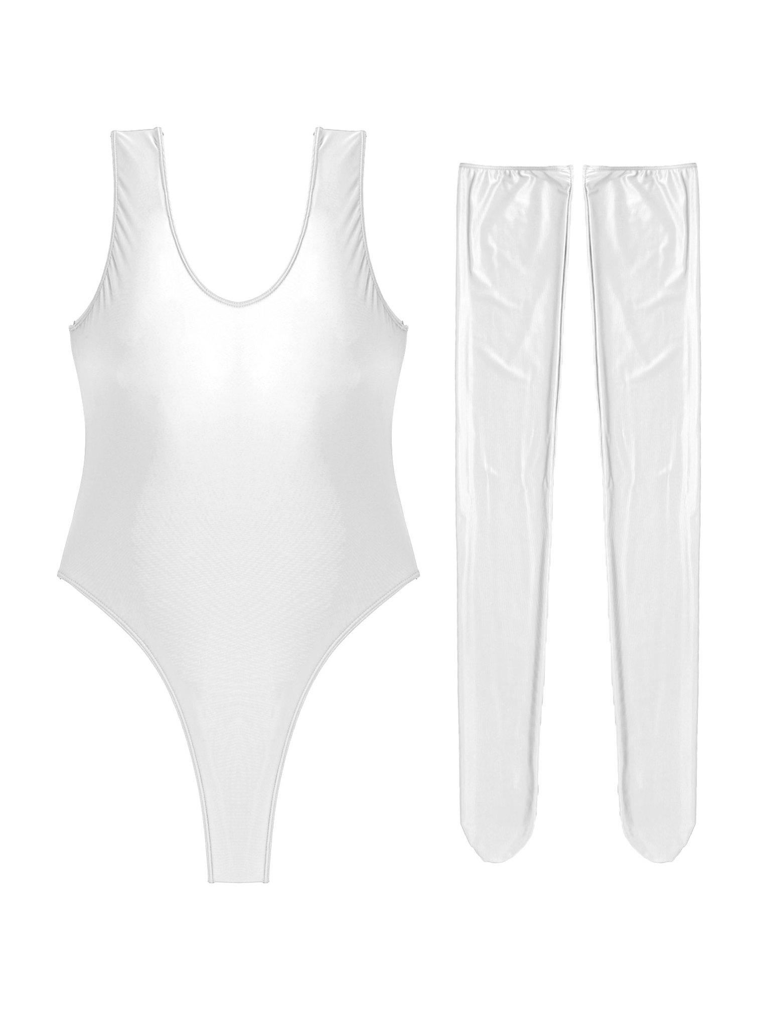 

Жіночий глянцевий шовковий боді без рукавів Комбінезон з панчохами Комплекти білизни Клубний одяг One Size білий