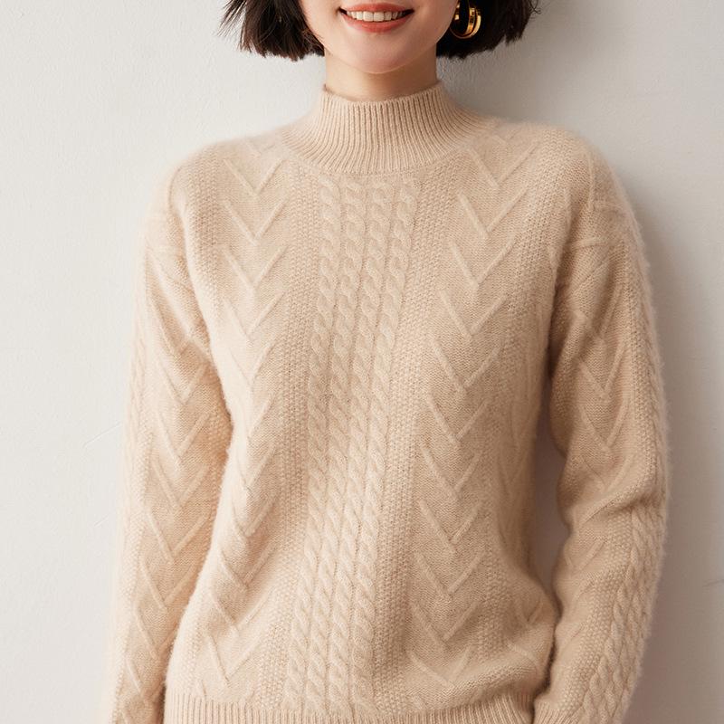 Women's Cashmere Cable Knit Sweater, Half-High Neck, Korean Style, Autumn/Winter 2024 Fashion