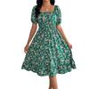 Women's Fashion Floral Print Square Neck Short Sleeve Waisted Ruffled A-Line Skirt