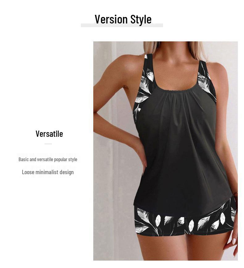 2024 European & American Sleeveless Slimming Tankini with Printed Flat-Leg Shorts