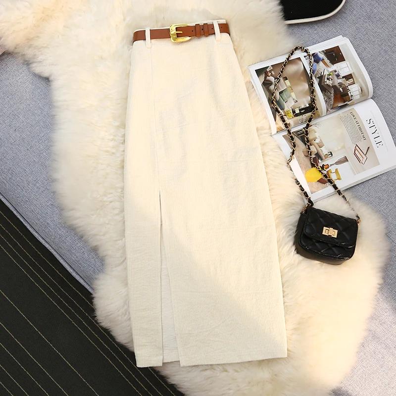 Autumn Winter Corduroy Women's Skirts with Belted High Waist Straight Classic Front Split Skirts Ladies Female