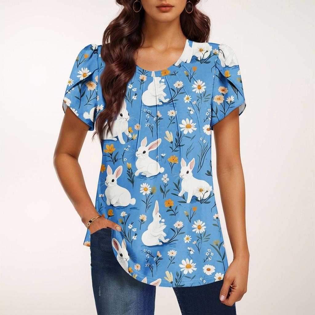 Women's Fashionable Round Neck Short Sleeve Printed Casual Basic Pleated Pullover T-shirt Top