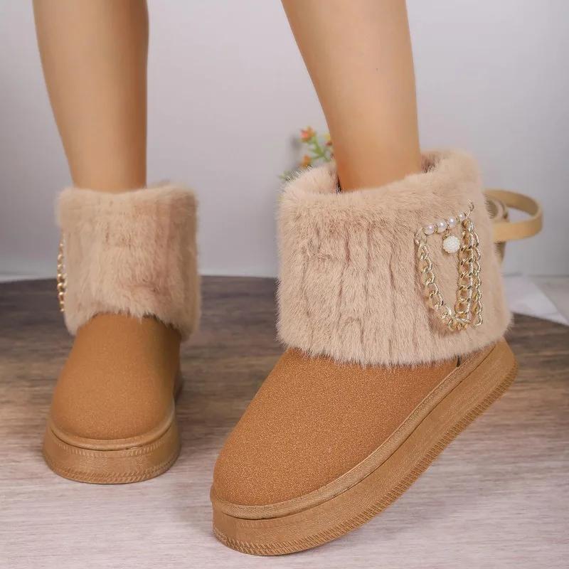 Bottes de neige en velours à plateforme avec chaîne en métal pour femmes, grande taille 36-42, chaussures décontractées à semelles souples, tendance