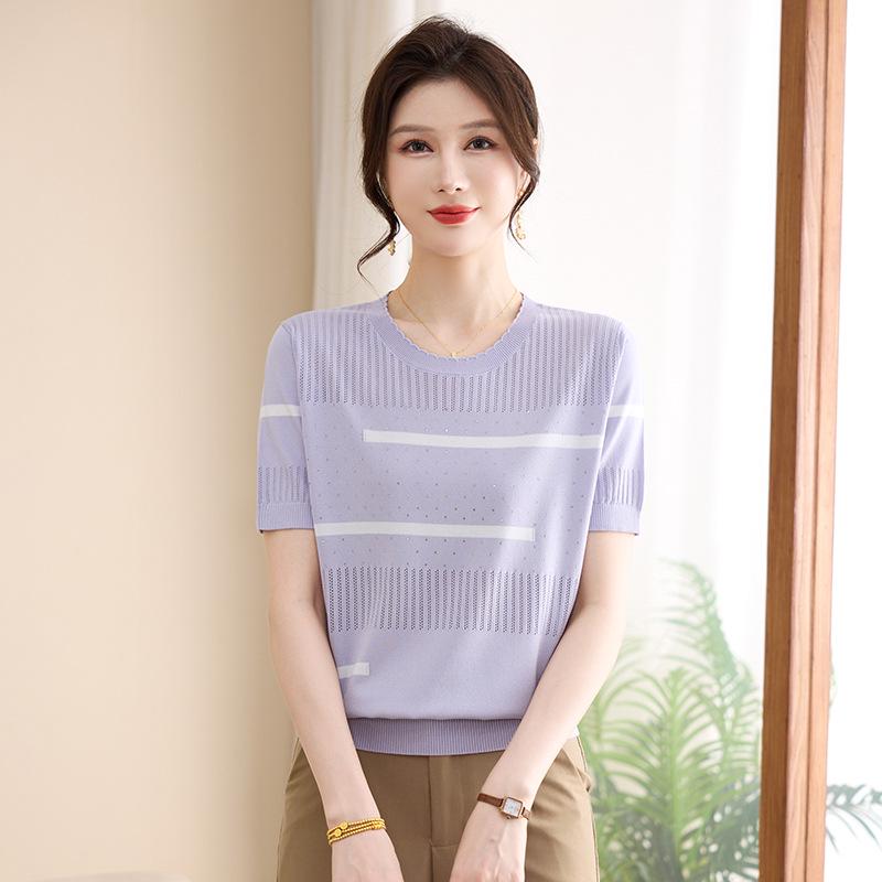 Women's Ice Silk Short Sleeve Knit T-shirt - Summer 2026, Stylish, Loose Slimming Fit, Lightweight & Fashionable for Moms