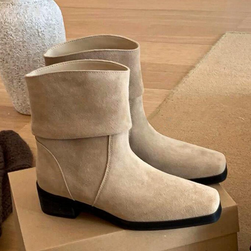 Sheepskin Version~ Retro Suede Square Head Thick Heel Stacked Boots Short Boots Cowboy Boots Women's 2025 New Versatile Martin Boots
