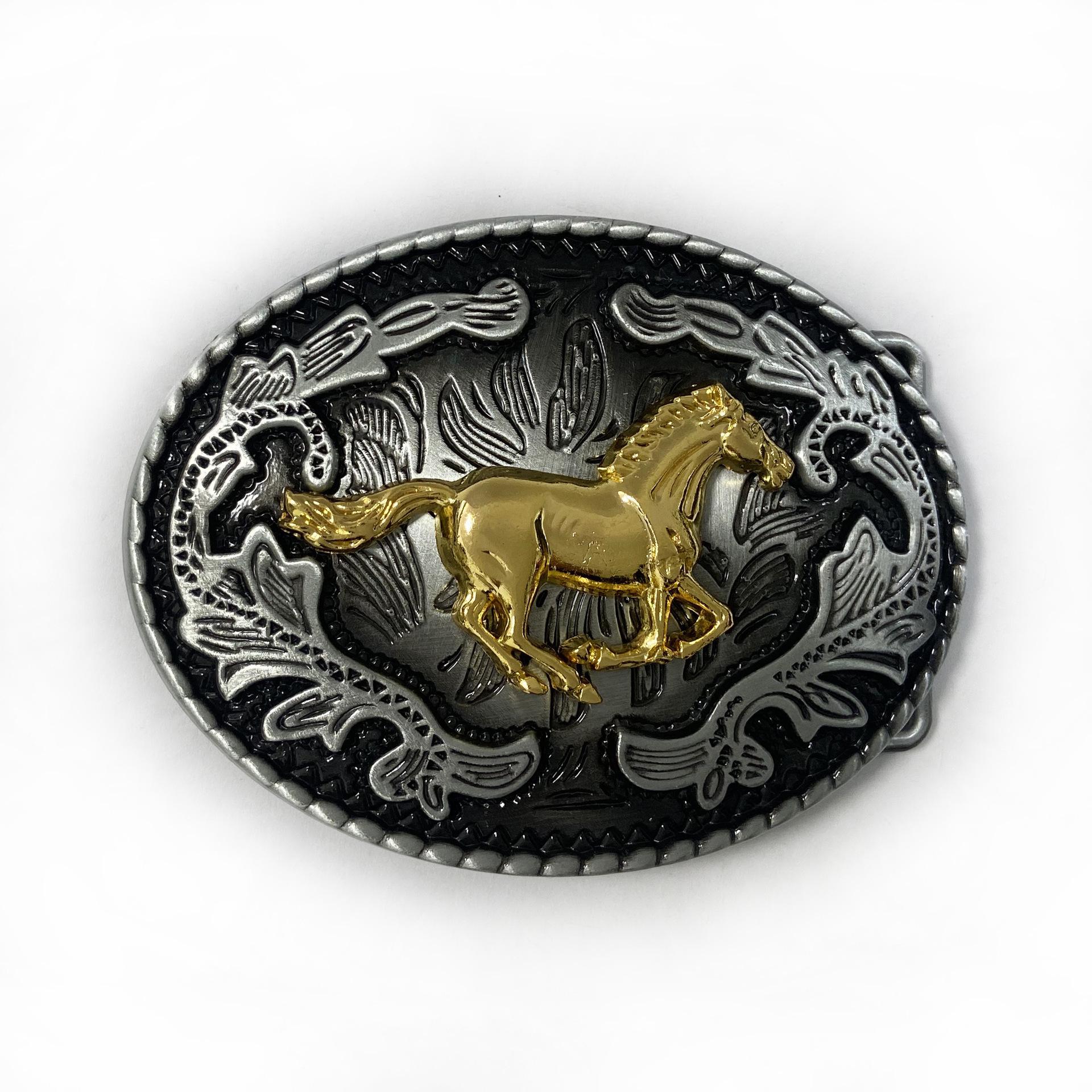 Golden Horse Oval Belt Buckle: Ethnic-Western Tang Grass Design