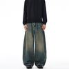 Mens Vintage Washed Straight Fit Denim Jeans With Whiskering Loose Casual Trousers Teens Adults