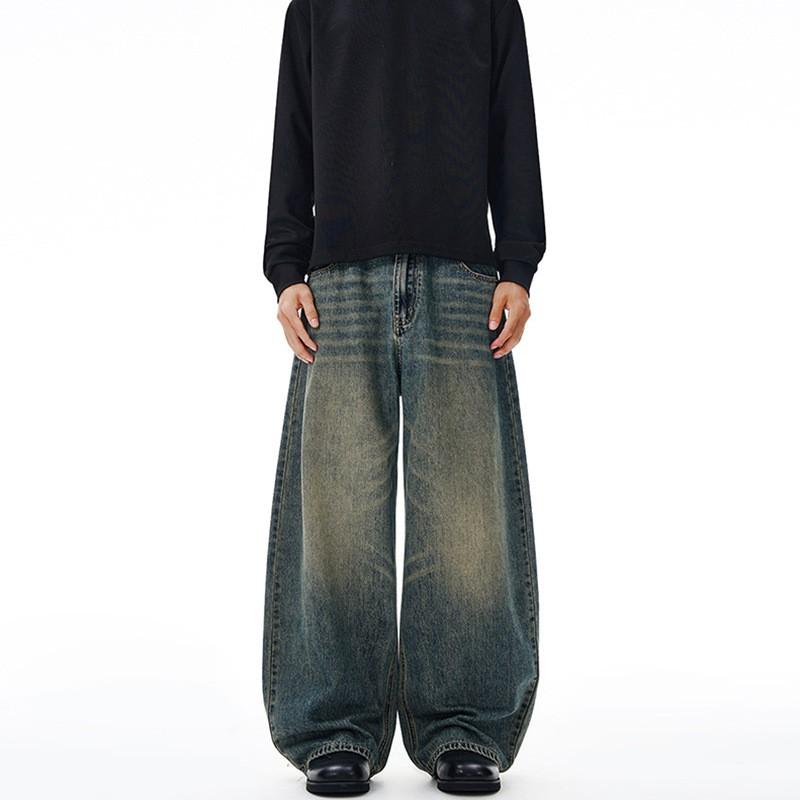 Mens Vintage Washed Straight Fit Denim Jeans With Whiskering Loose Casual Trousers Teens Adults