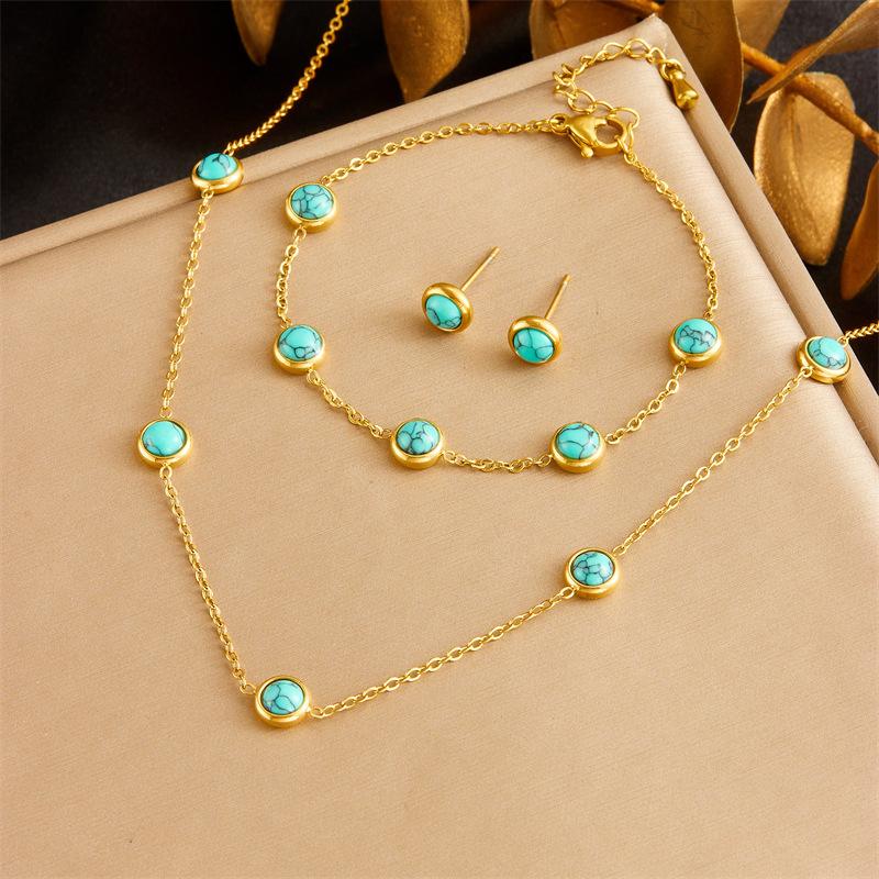 Vintage Round Evil Eye Turquoise Floral Heart Pendant Charm Chain Three Piece Jewelry Set