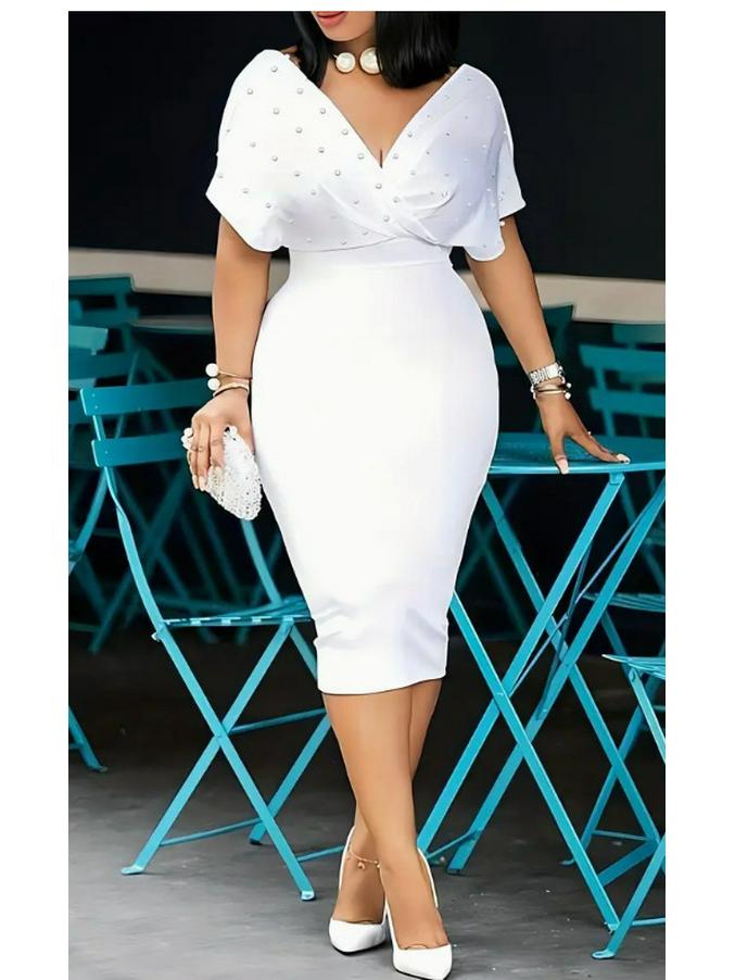 2024 Fashion Solid Color V-Neck Tube Top Dress with Bubble Beads