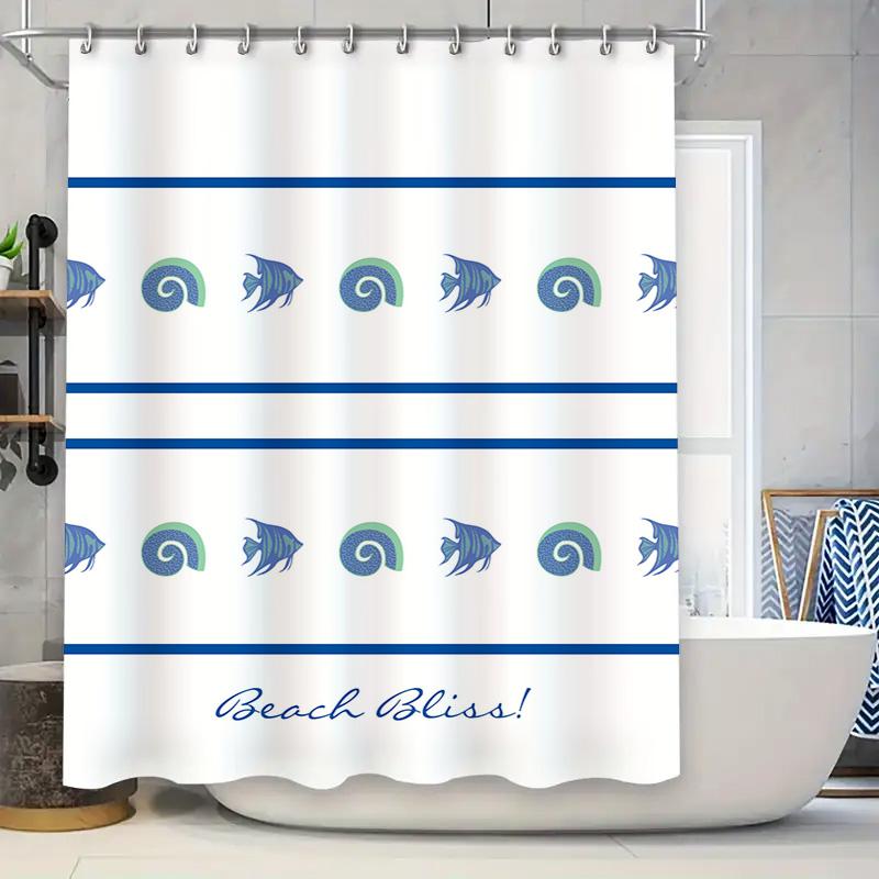 

Beach Life Shower Curtain: Blue Sea Horse Shell Pattern Waterproof Decor For Bathrooms White Fabric With Stripes 72X84In (183Cm W60H190(CM)-1 Pcs