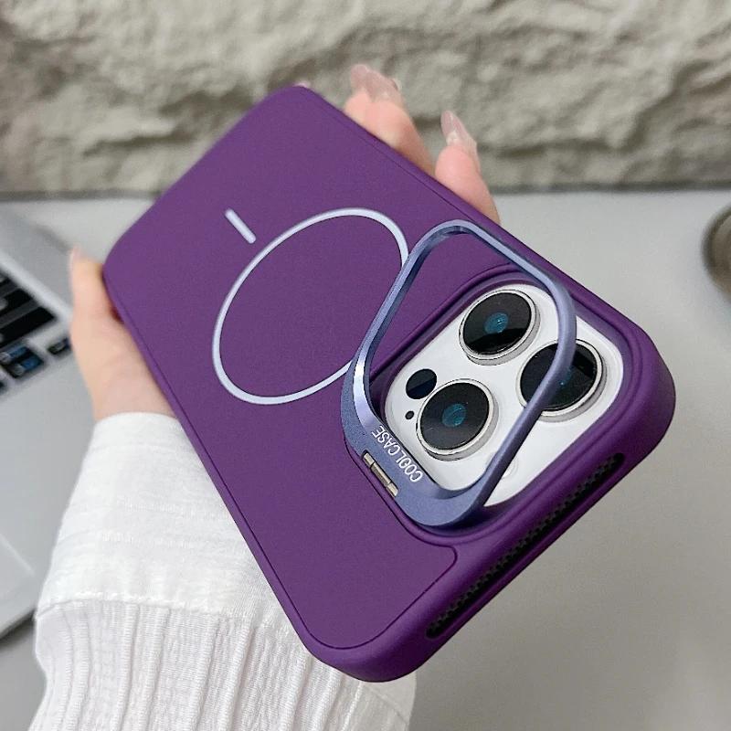 Trendy Silicone Magnetic Lens Stand Case for iPhone 16 15 14 11 12 13 Pro Max Plus MagSafe Compatible Shockproof Protective Case